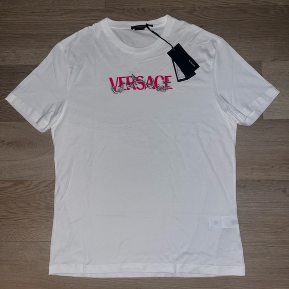 Versace Baroque Logo Print White/Pink T-Shirt - Picture 1 of 8
